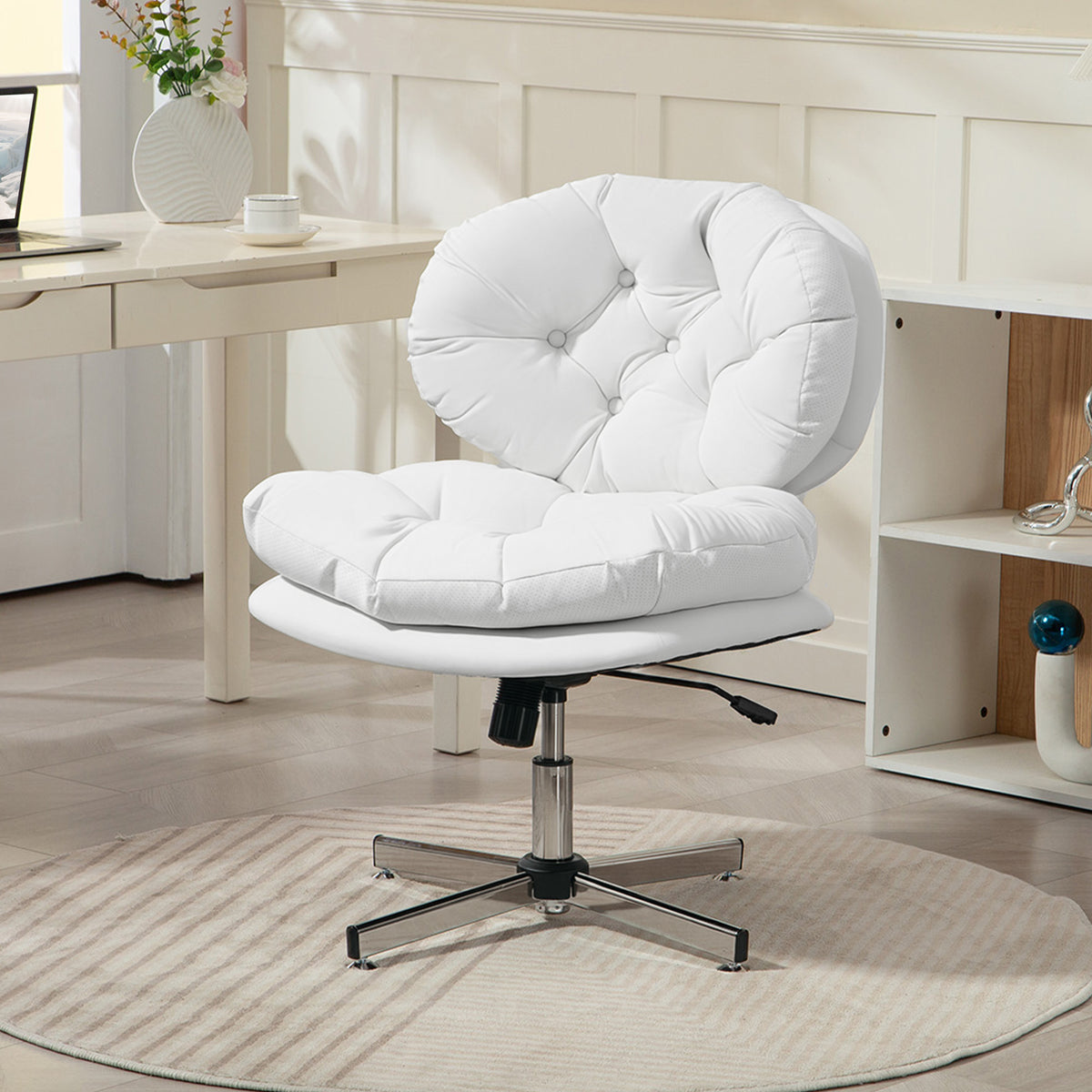 Armless Office Chair - White PU Leather Swivel Desk Chair-Office Products > Office Furniture > Office Chairs > Task Chairs-DECOROLALA