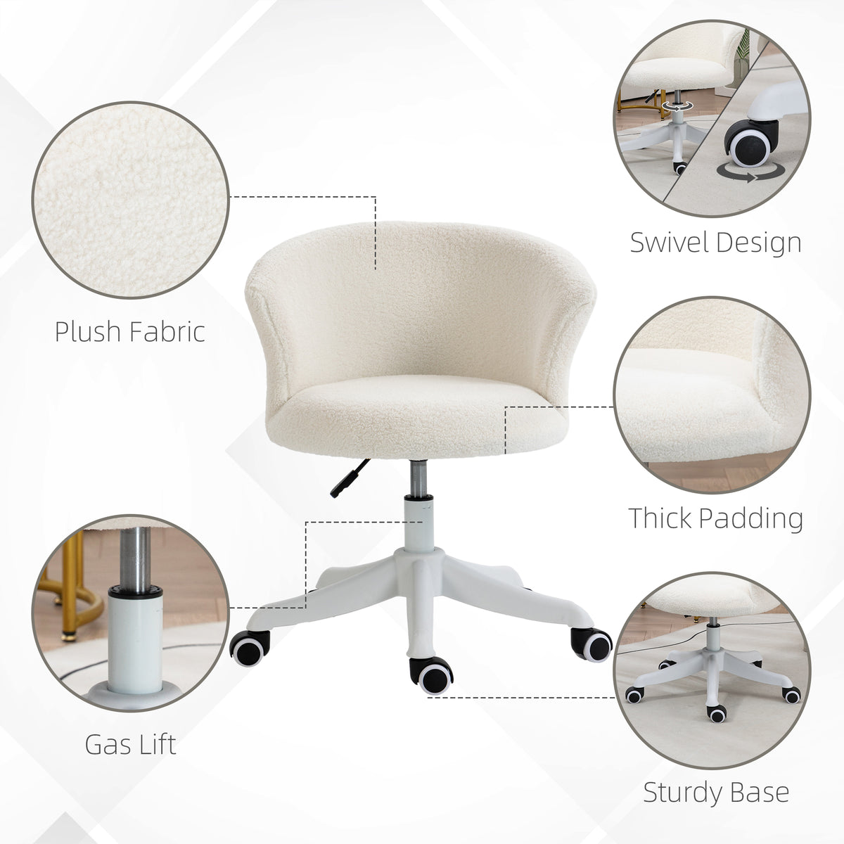 Armless Office Chair - White Teddy Fleece Swivel Desk Chair-Office Products > Office Furniture > Office Chairs > Task Chairs-DECOROLALA