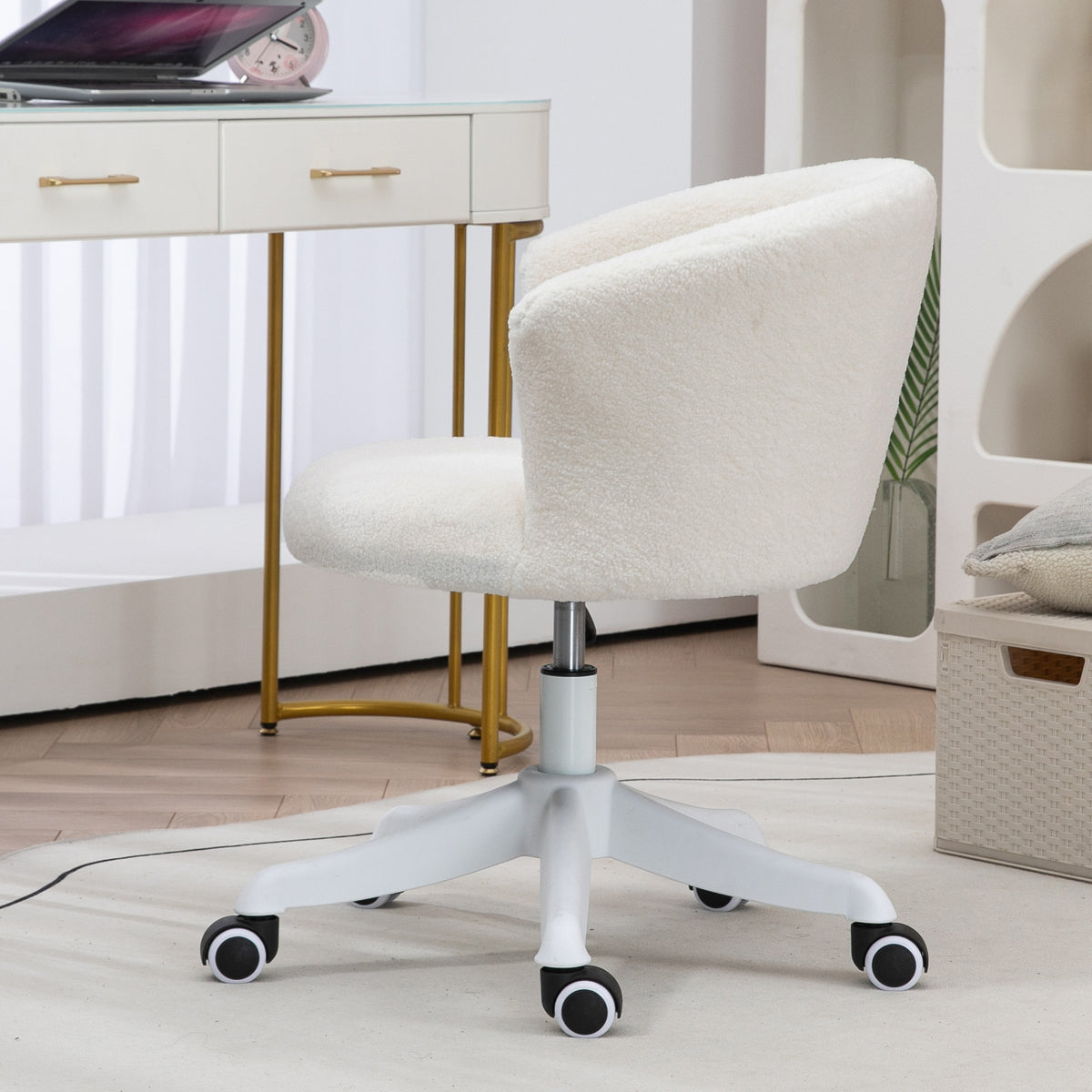 Armless Office Chair - White Teddy Fleece Swivel Desk Chair-Office Products > Office Furniture > Office Chairs > Task Chairs-DECOROLALA