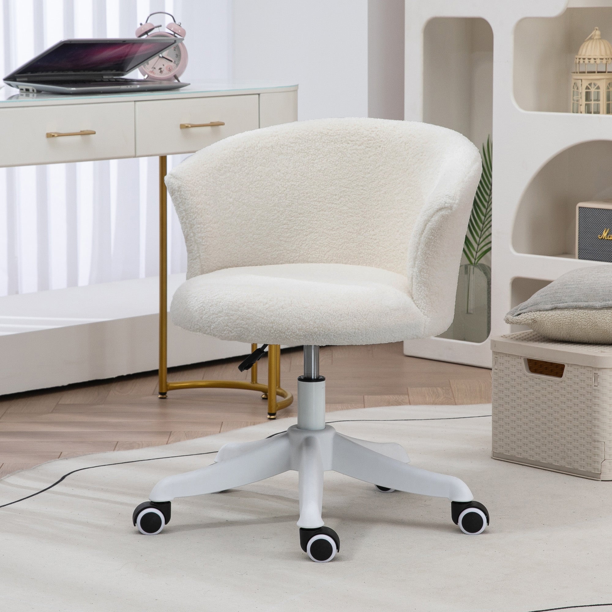 Armless Office Chair - White Teddy Fleece Swivel Desk Chair-Office Products > Office Furniture > Office Chairs > Task Chairs-DECOROLALA