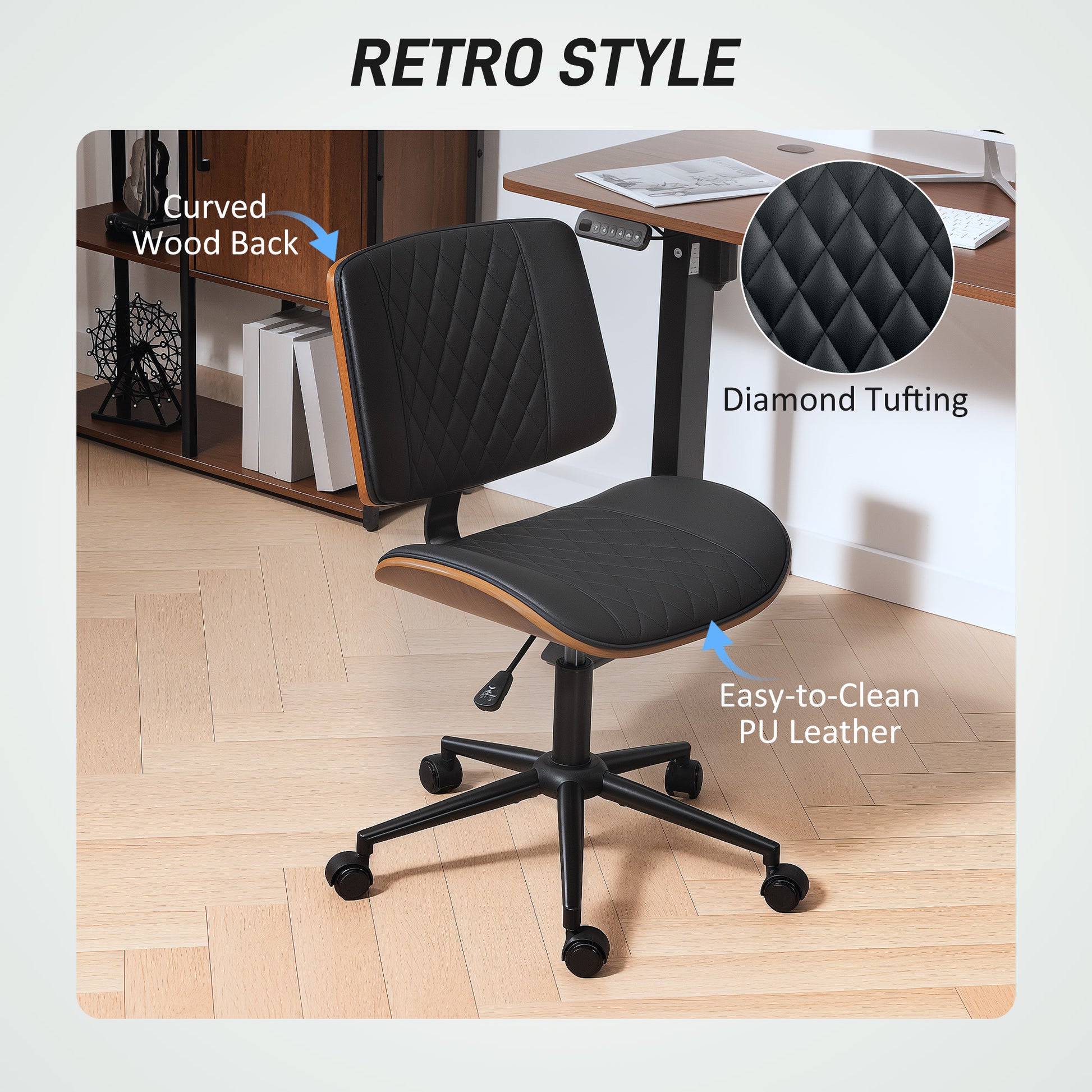 Armless PU Leather Office Chair - Black Bentwood Swivel-Office Products > Office Furniture > Office Chairs-DECOROLALA
