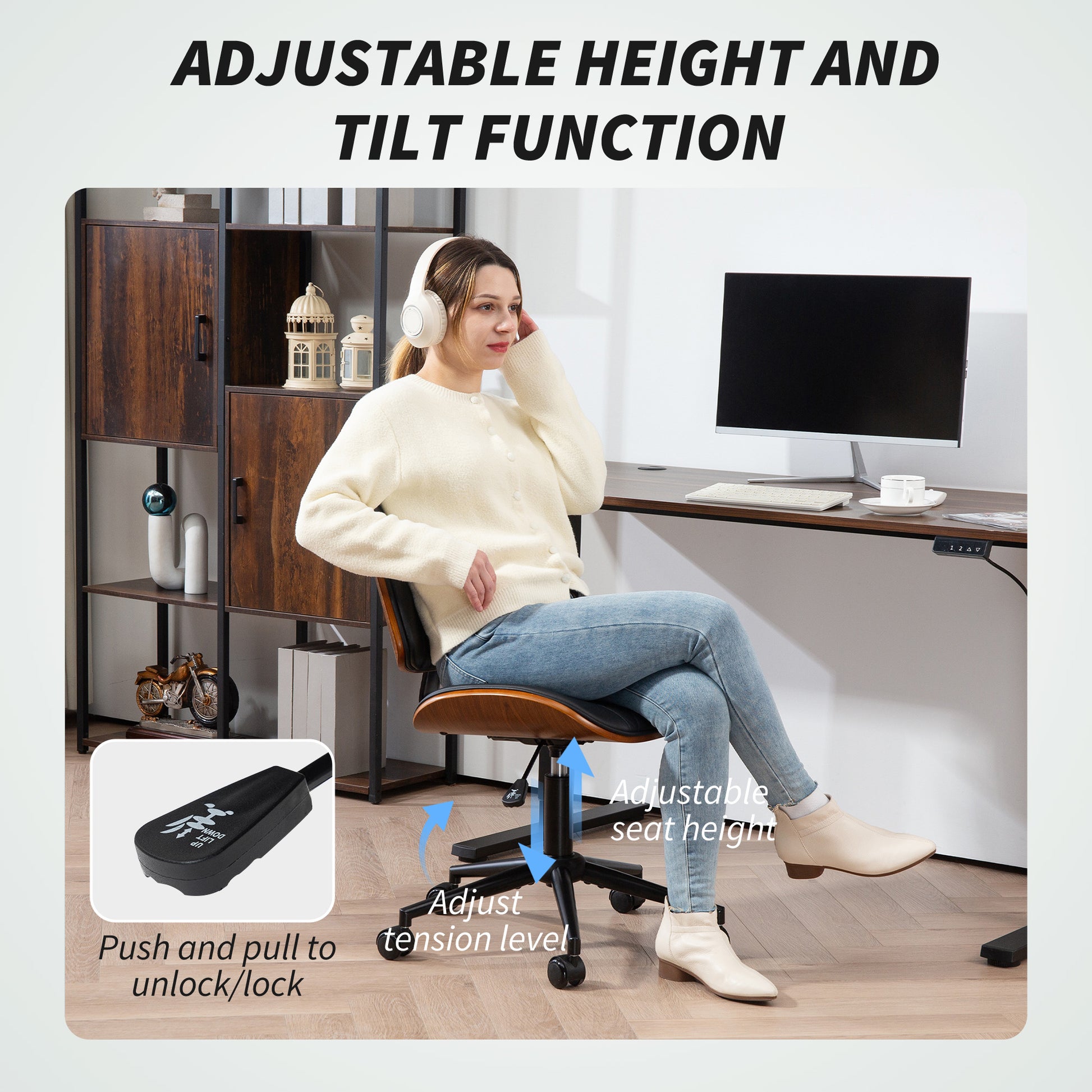 Armless PU Leather Office Chair - Black Bentwood Swivel-Office Products > Office Furniture > Office Chairs-DECOROLALA