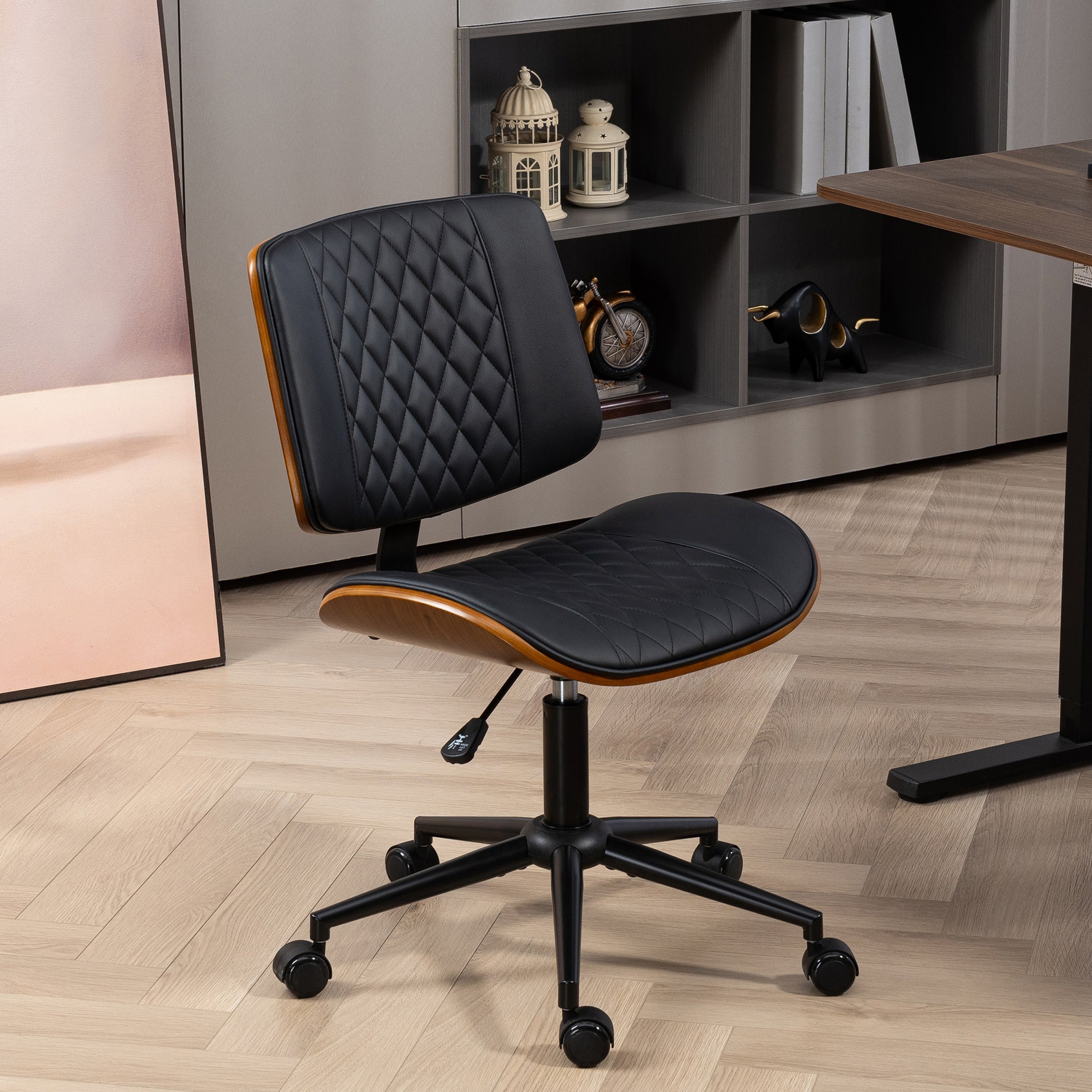Armless PU Leather Office Chair - Black Bentwood Swivel-Office Products > Office Furniture > Office Chairs-DECOROLALA