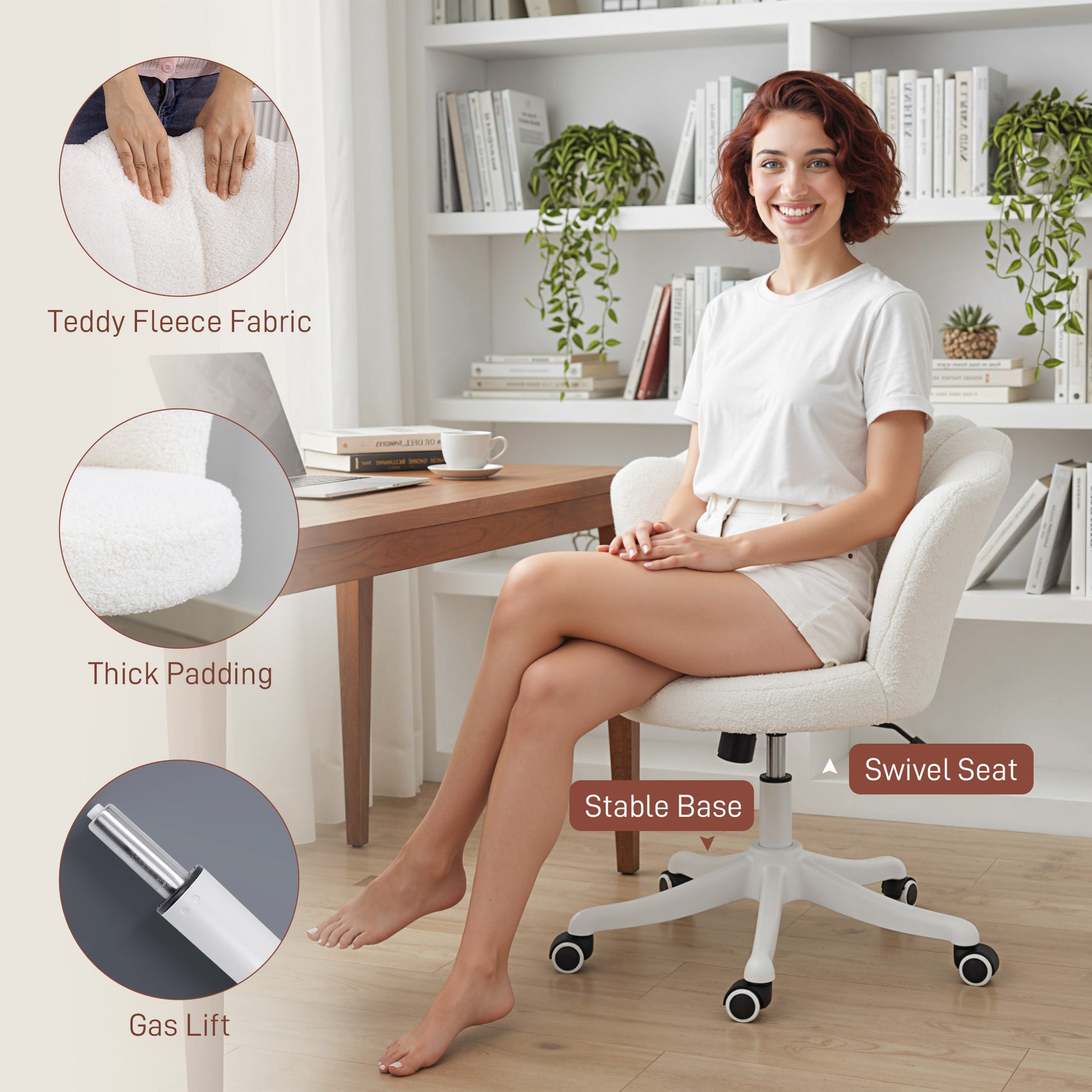 Armless Swivel Office Chair - Cream White Teddy Fleece-Office Products > Office Furniture > Office Chairs > Task Chairs-DECOROLALA