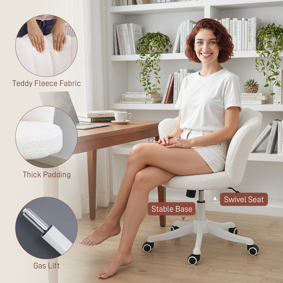 Armless Swivel Office Chair - Cream White Teddy Fleece-Office Products > Office Furniture > Office Chairs > Task Chairs-DECOROLALA