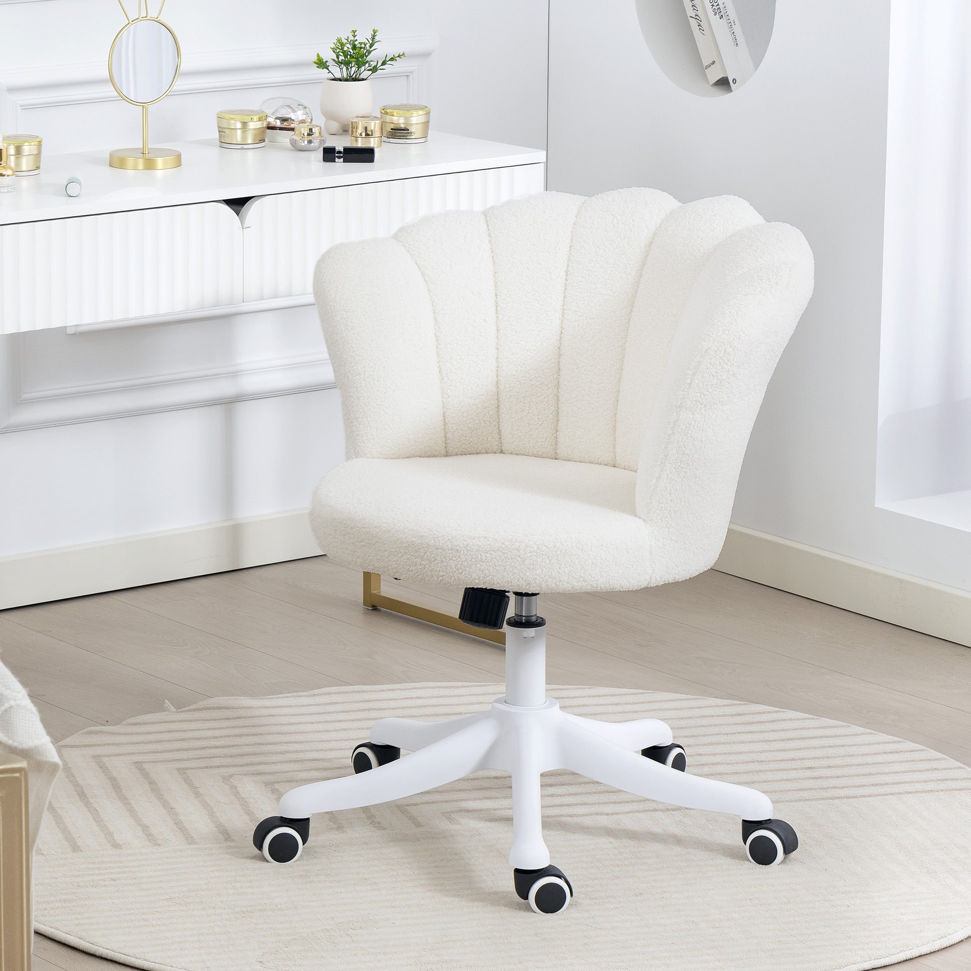 Armless Swivel Office Chair - Cream White Teddy Fleece-Office Products > Office Furniture > Office Chairs > Task Chairs-DECOROLALA