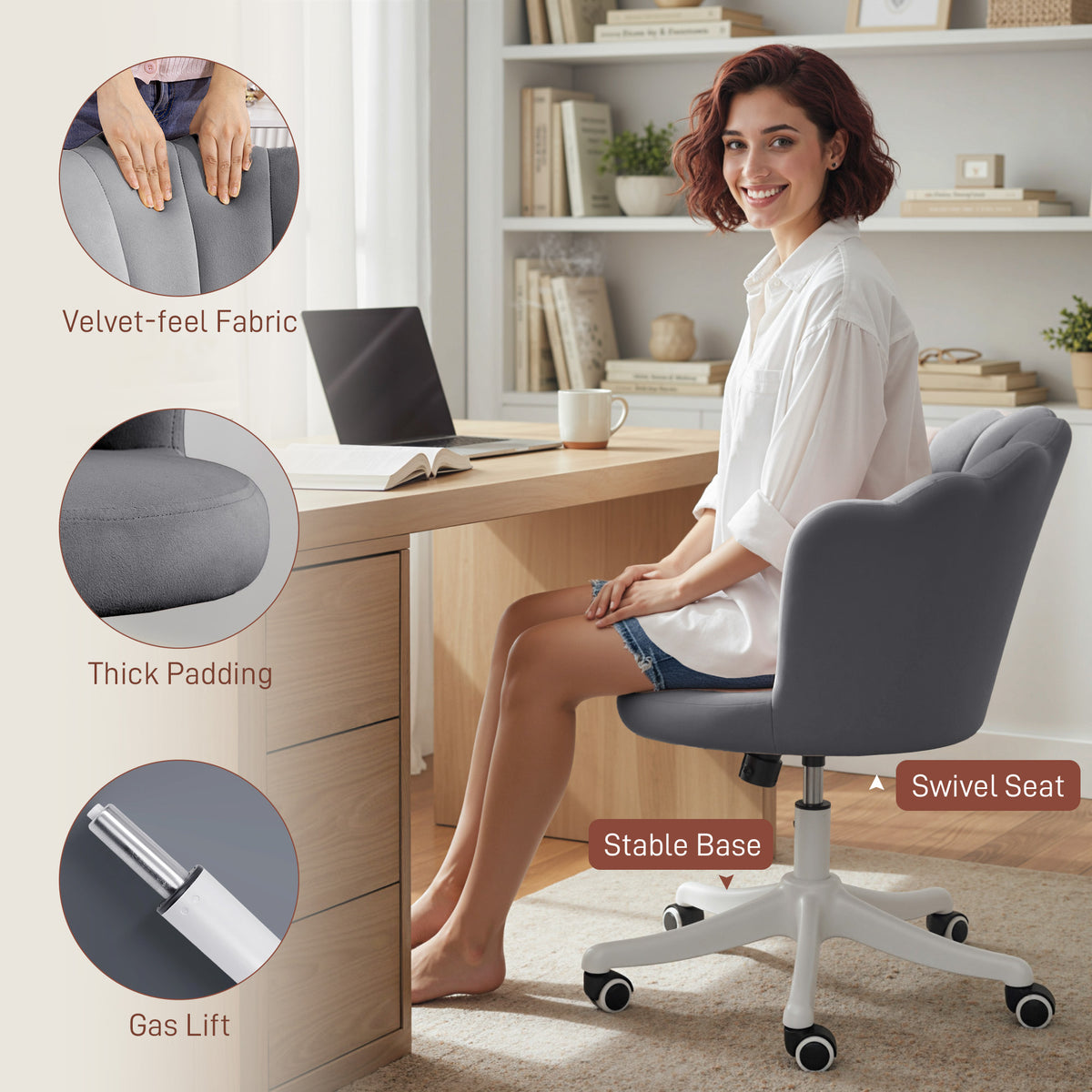 Armless Swivel Office Chair - Grey Velvet Lotus Design-Office Products > Office Furniture > Office Chairs > Task Chairs-DECOROLALA
