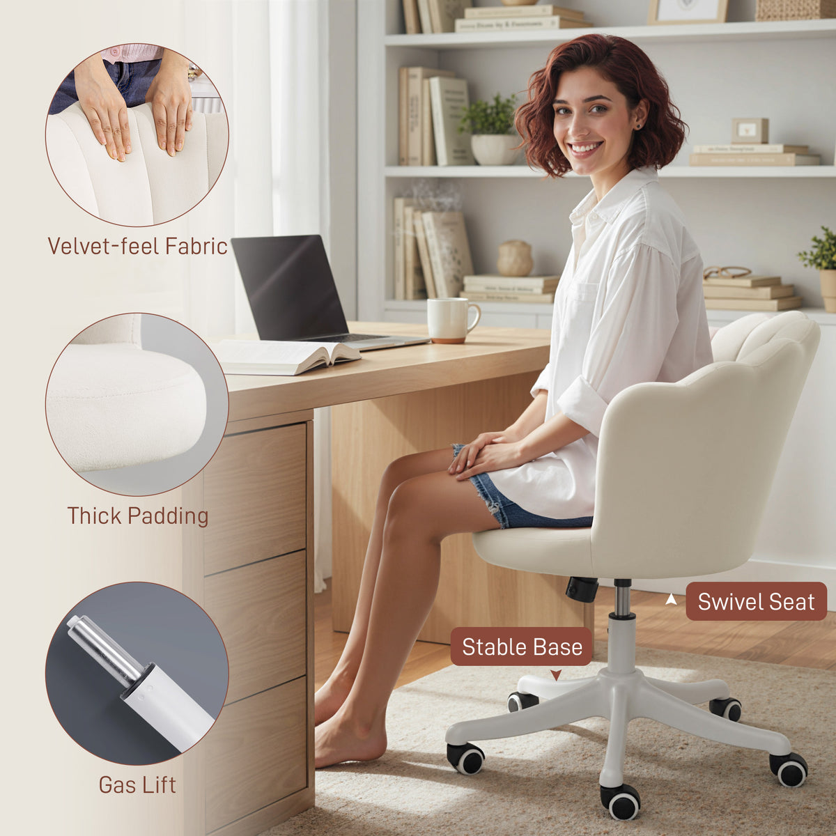 Armless Velvet Office Chair - Lotus Swivel Desk Chair, Cream-Office Products > Office Furniture > Office Chairs > Task Chairs-DECOROLALA