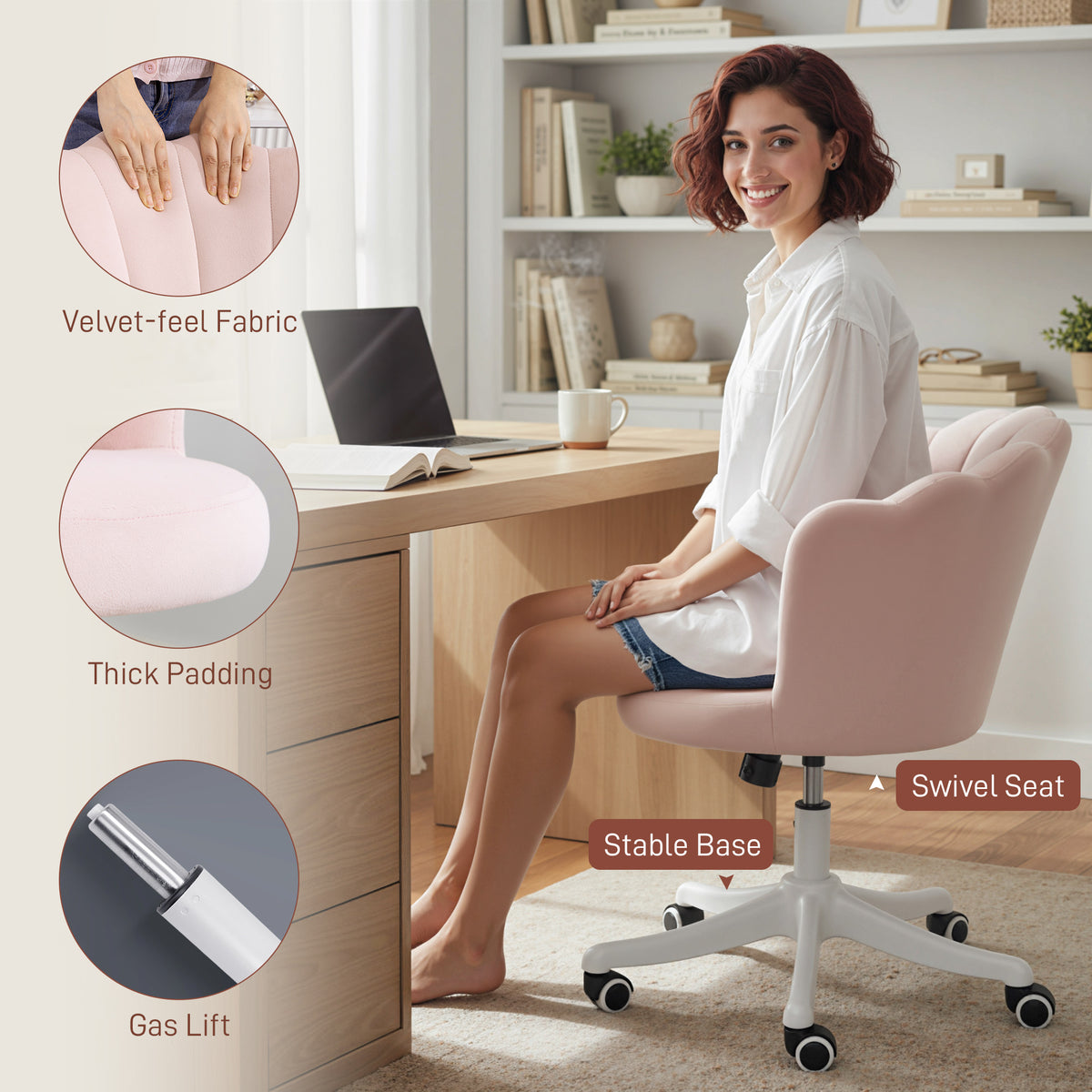 Armless Velvet Office Chair - Pink Lotus Swivel Desk Chair-Office Products > Office Furniture > Office Chairs > Task Chairs-DECOROLALA