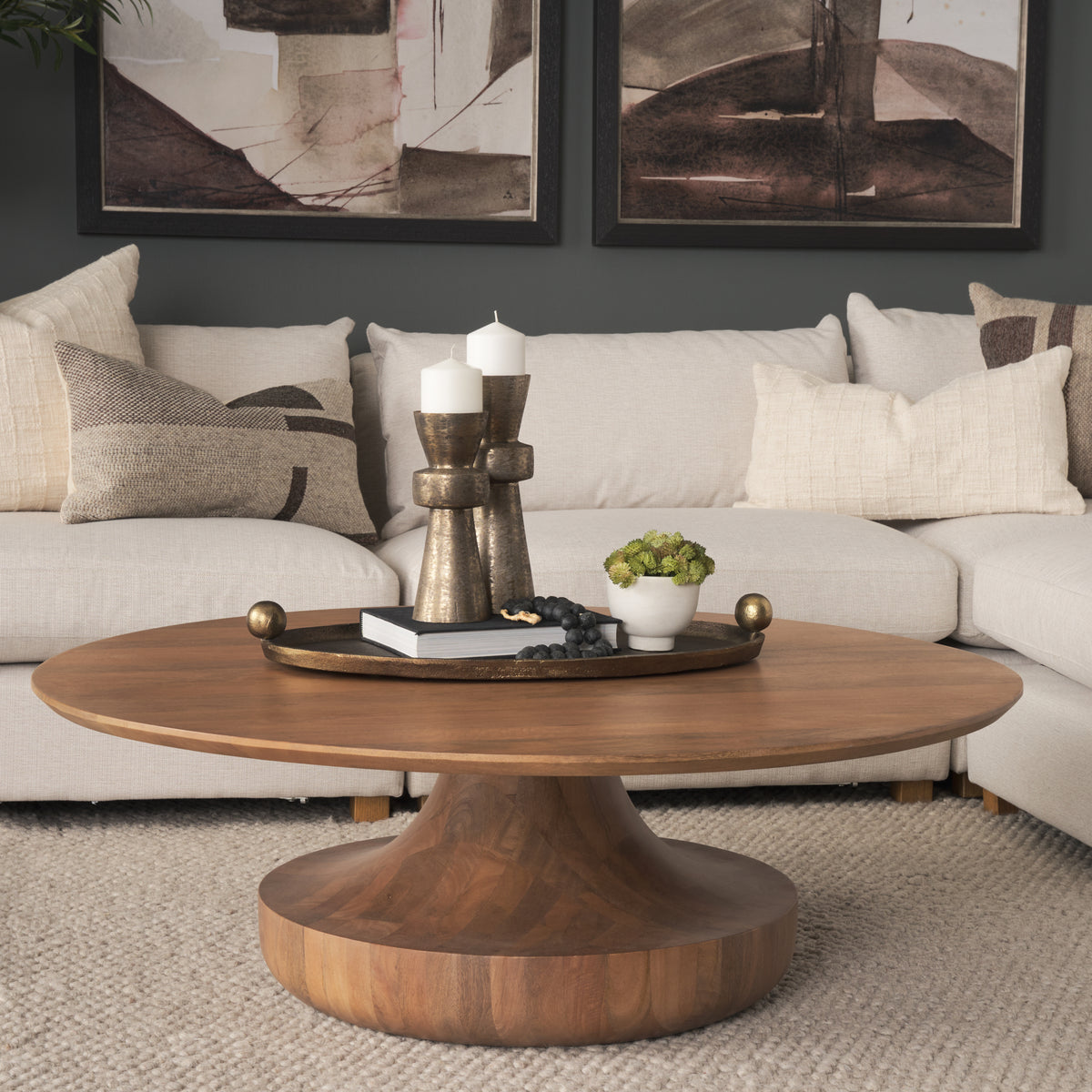 Arno Warm Mid-Brown Wood Sculptural Round Coffee Table-Coffee Tables-DECOROLALA