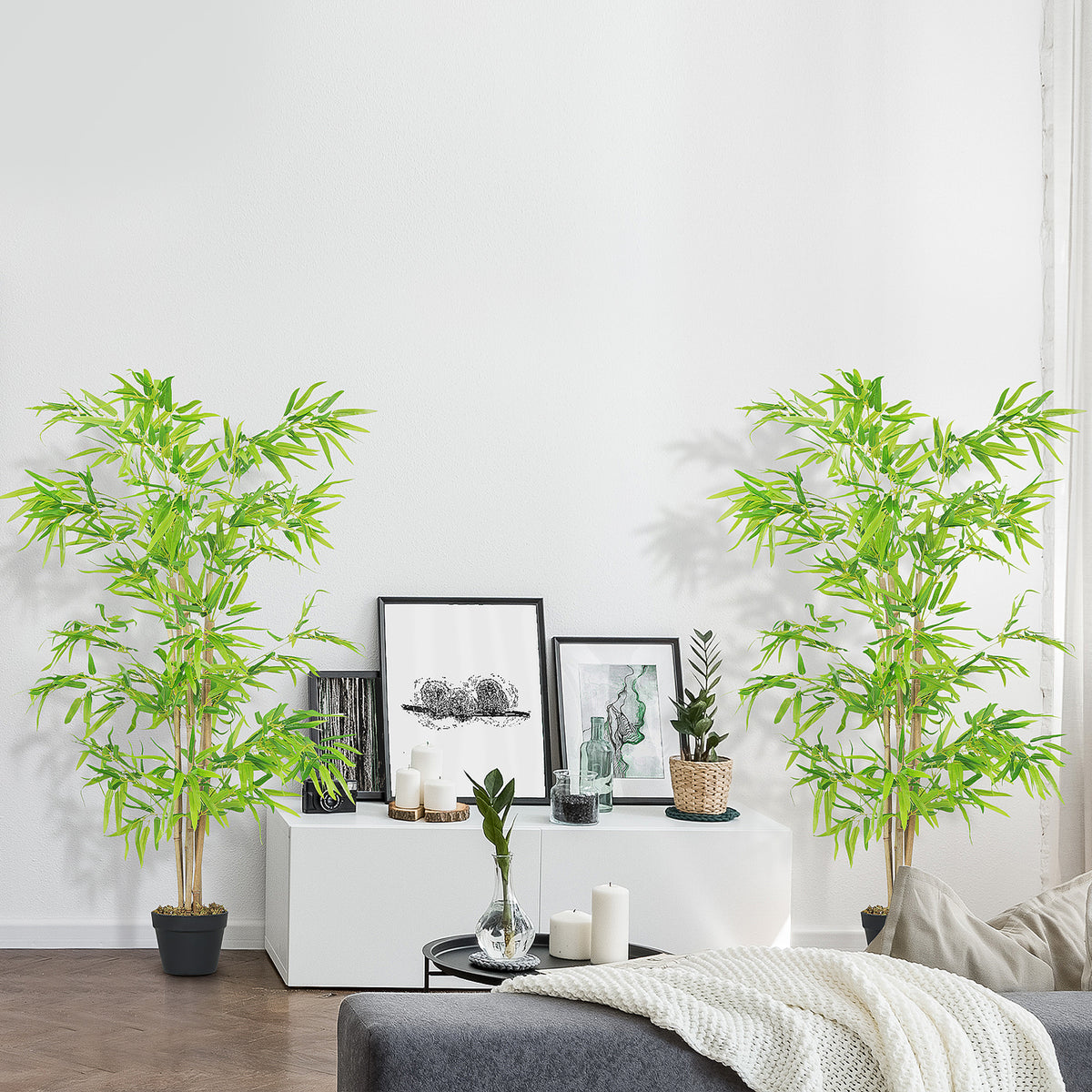 Artificial Bamboo Tree Set of 2, 5ft Fake Tree with Realistic Leaf and Natural Trunk, Decorative Plant in Nursery-Artificial Trees-DECOROLALA