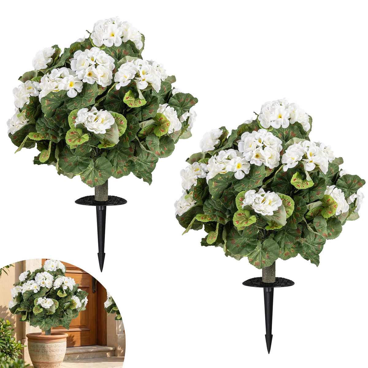 Artificial Begonia Ball Trees Set of 2 13 inch Fake Evergreen Shrubs with Ground Spikes-White-Artificial Plants-DECOROLALA