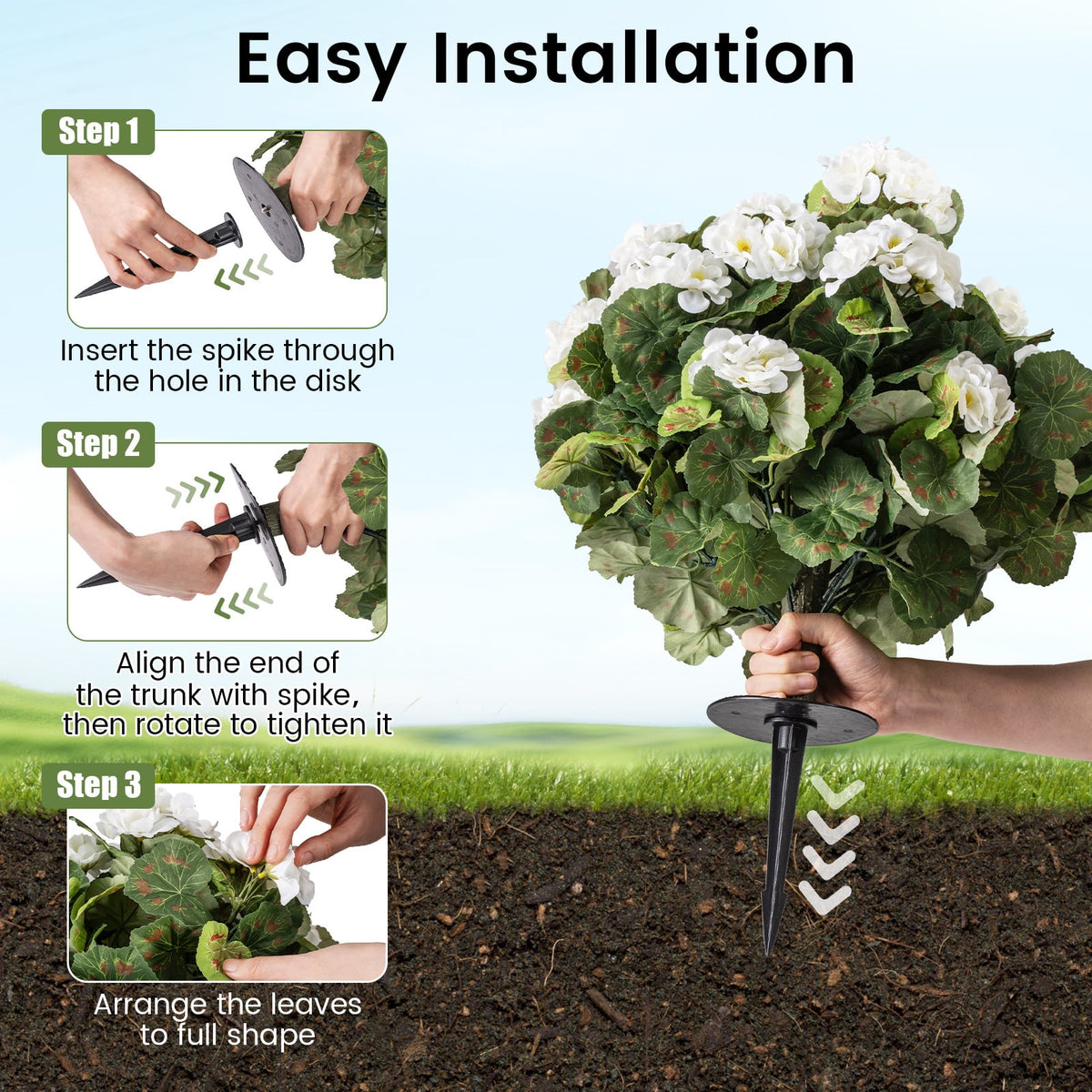 Artificial Begonia Ball Trees Set of 2 13 inch Fake Evergreen Shrubs with Ground Spikes-White-Artificial Plants-DECOROLALA