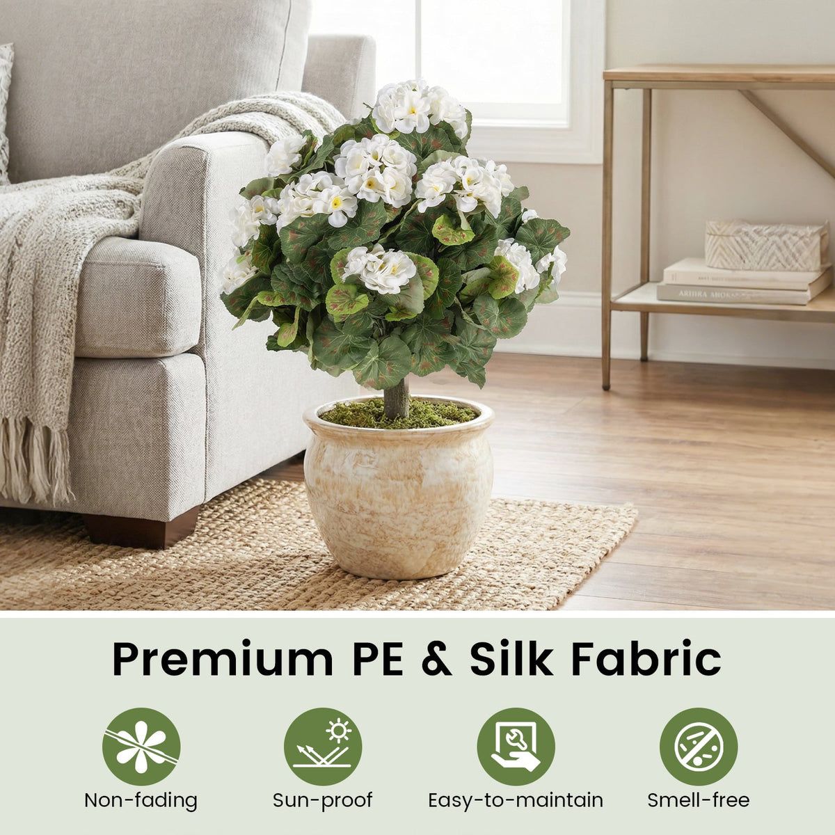 Artificial Begonia Ball Trees Set of 2 13 inch Fake Evergreen Shrubs with Ground Spikes-White-Artificial Plants-DECOROLALA