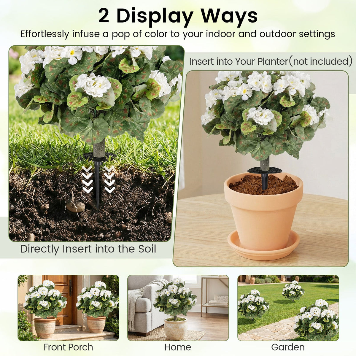 Artificial Begonia Ball Trees Set of 2 13 inch Fake Evergreen Shrubs with Ground Spikes-White-Artificial Plants-DECOROLALA