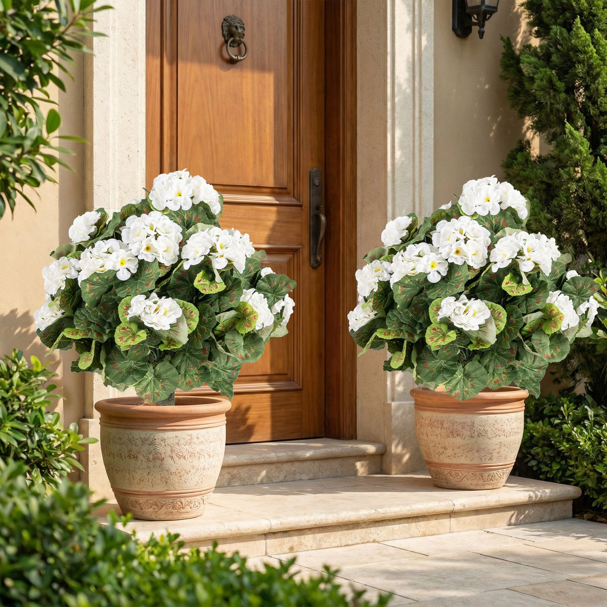 Artificial Begonia Ball Trees Set of 2 13 inch Fake Evergreen Shrubs with Ground Spikes-White-Artificial Plants-DECOROLALA
