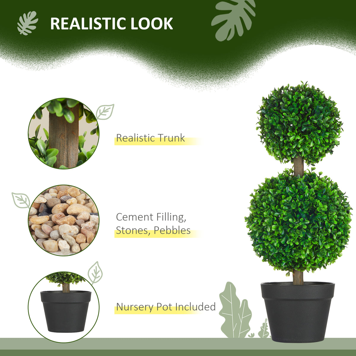 Artificial Boxwood Topiary Tree Set of 2, Faux Boxwood Ball Trees in Pot, Fake Plant for Indoor Outdoor Decor, Green-Artificial Trees-DECOROLALA