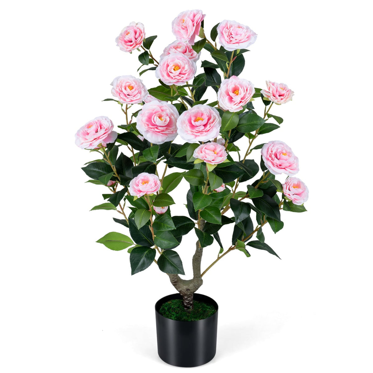 Artificial Camellia Tree Faux Flower Plant in Cement-Filled Pot-Pink-Artificial Plants-DECOROLALA