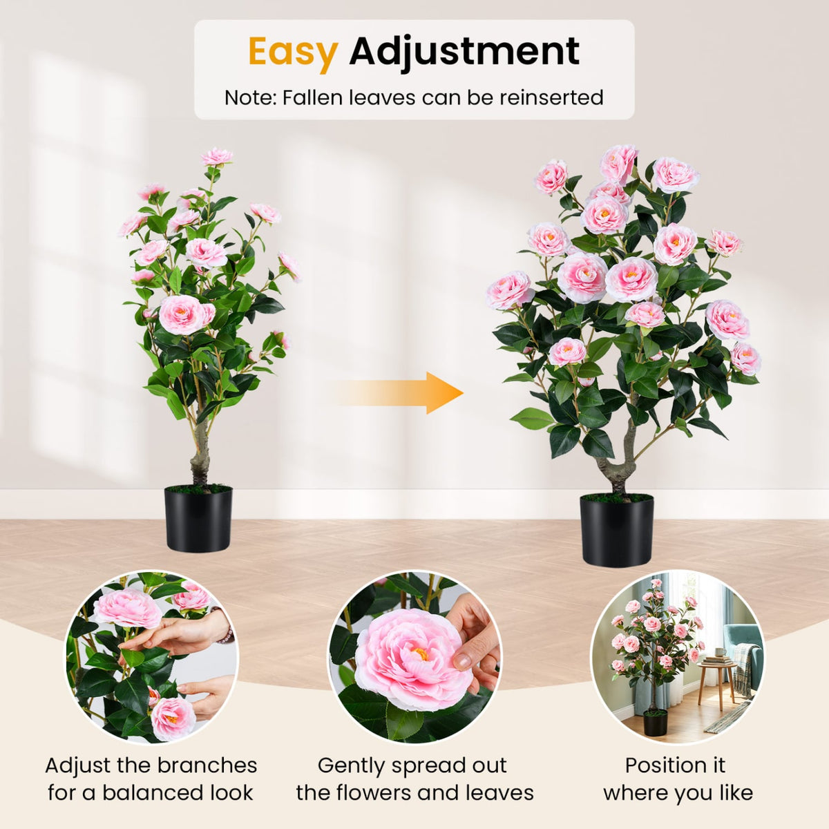 Artificial Camellia Tree Faux Flower Plant in Cement-Filled Pot-Pink-Artificial Plants-DECOROLALA