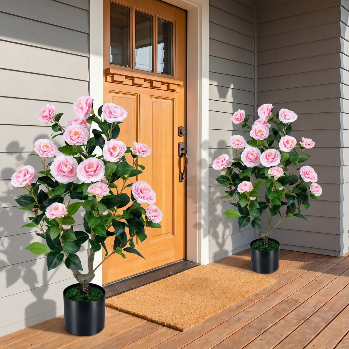 Artificial Camellia Tree Faux Flower Plant in Cement-Filled Pot-Pink-Artificial Plants-DECOROLALA