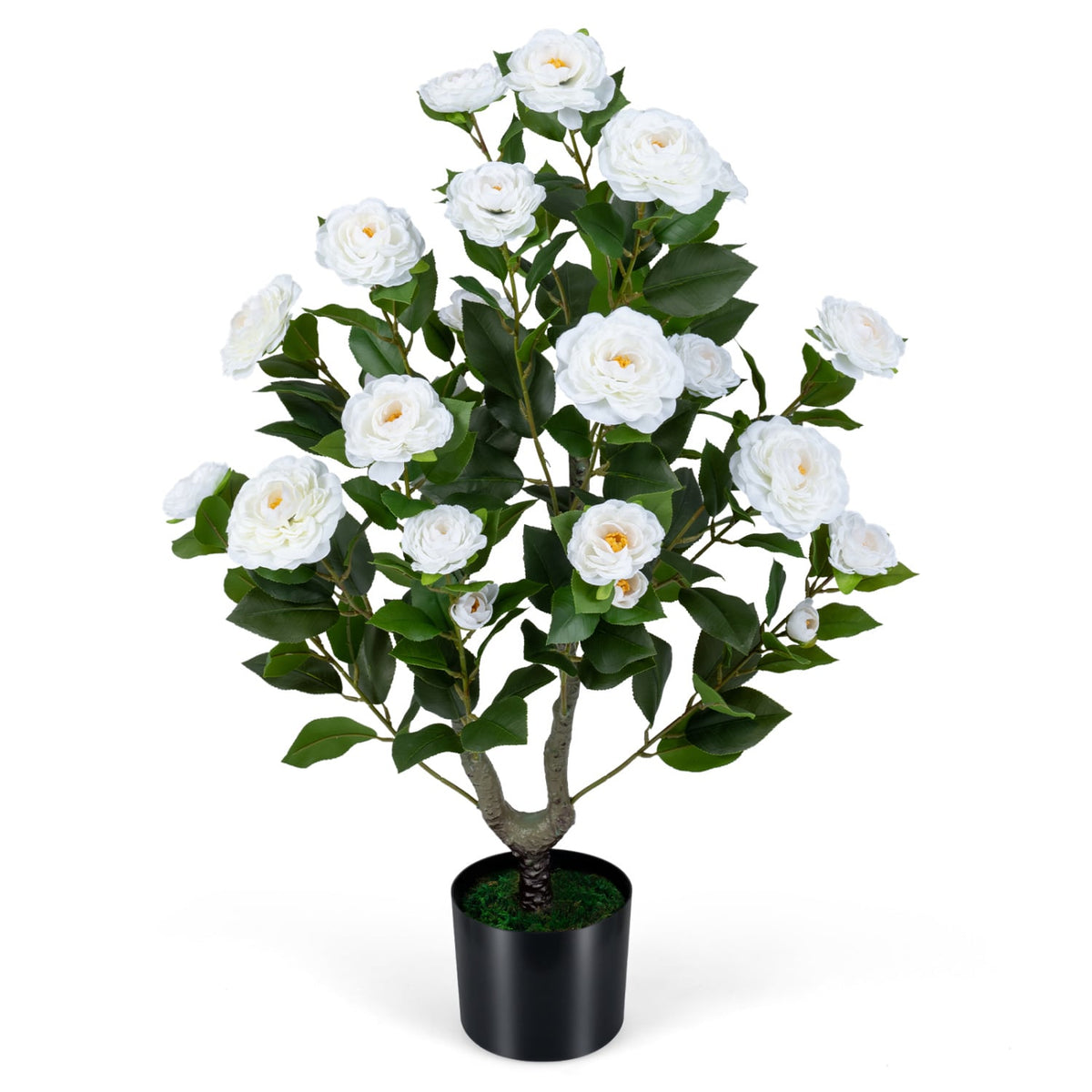 Artificial Camellia Tree Faux Flower Plant in Cement-Filled Pot-White-Artificial Plants-DECOROLALA