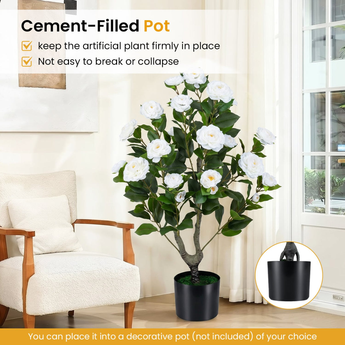 Artificial Camellia Tree Faux Flower Plant in Cement-Filled Pot-White-Artificial Plants-DECOROLALA