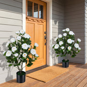 Artificial Camellia Tree Faux Flower Plant in Cement-Filled Pot-White-Artificial Plants-DECOROLALA
