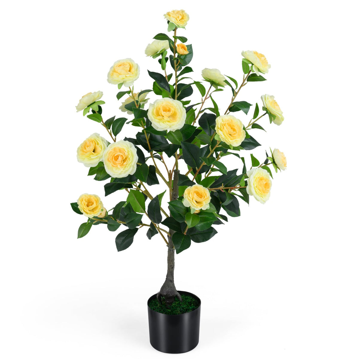 Artificial Camellia Tree Faux Flower Plant in Cement-Filled Pot-Yellow-Artificial Plants-DECOROLALA