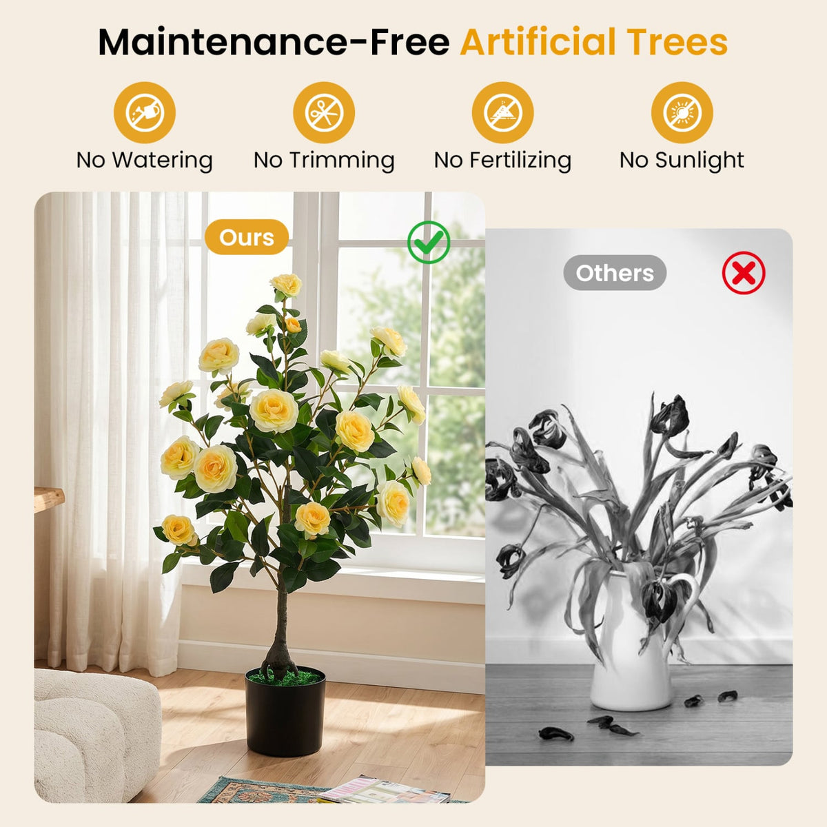 Artificial Camellia Tree Faux Flower Plant in Cement-Filled Pot-Yellow-Artificial Plants-DECOROLALA