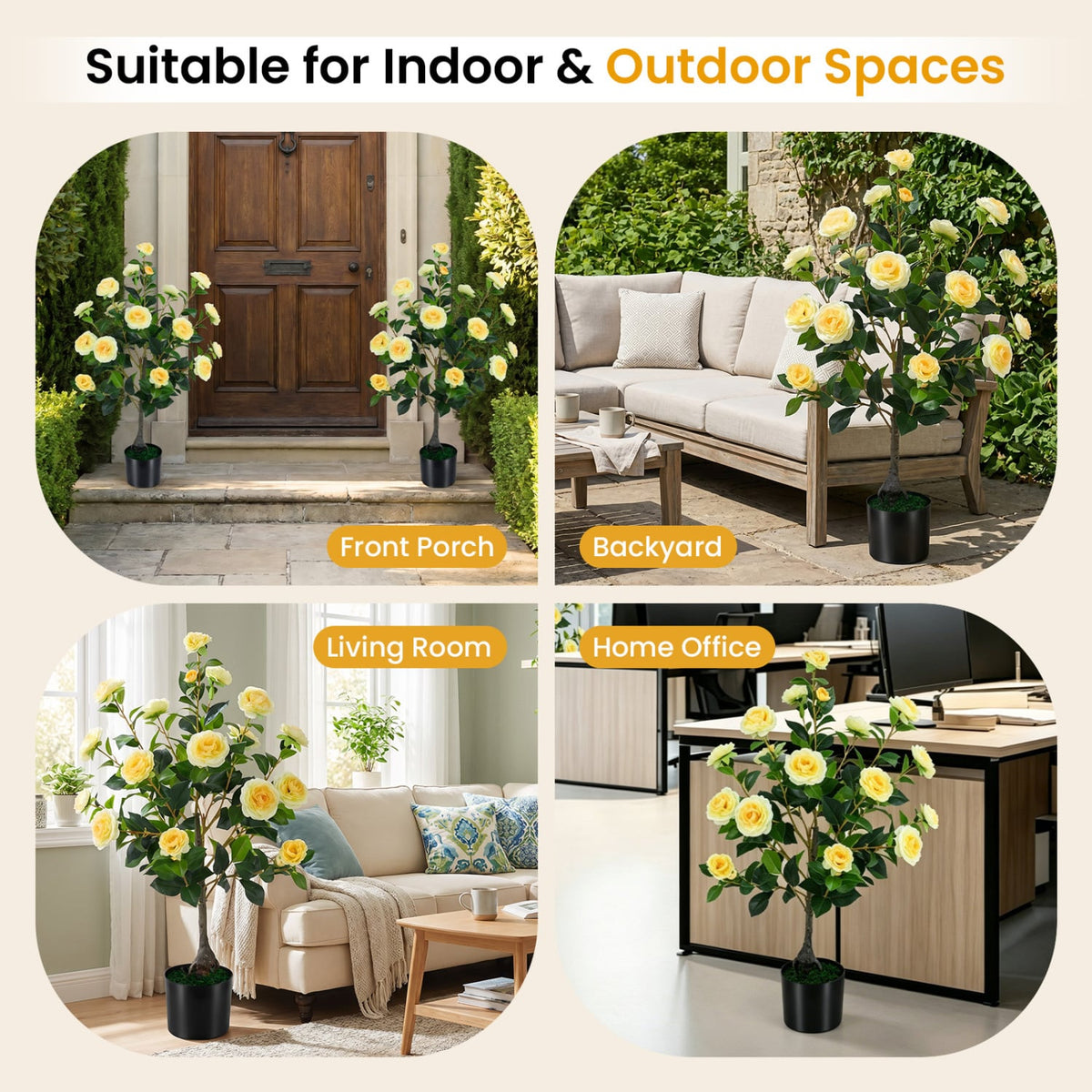 Artificial Camellia Tree Faux Flower Plant in Cement-Filled Pot-Yellow-Artificial Plants-DECOROLALA