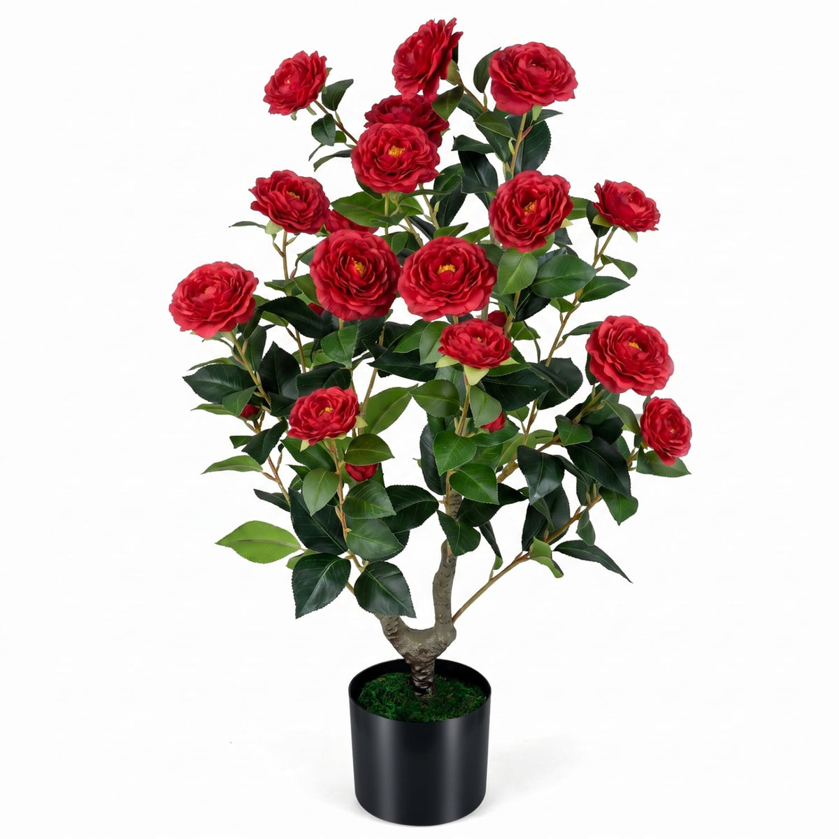 Artificial Camellia Tree Faux Flower Plant in Cement-Filled Pot=Red-Artificial Plants-DECOROLALA