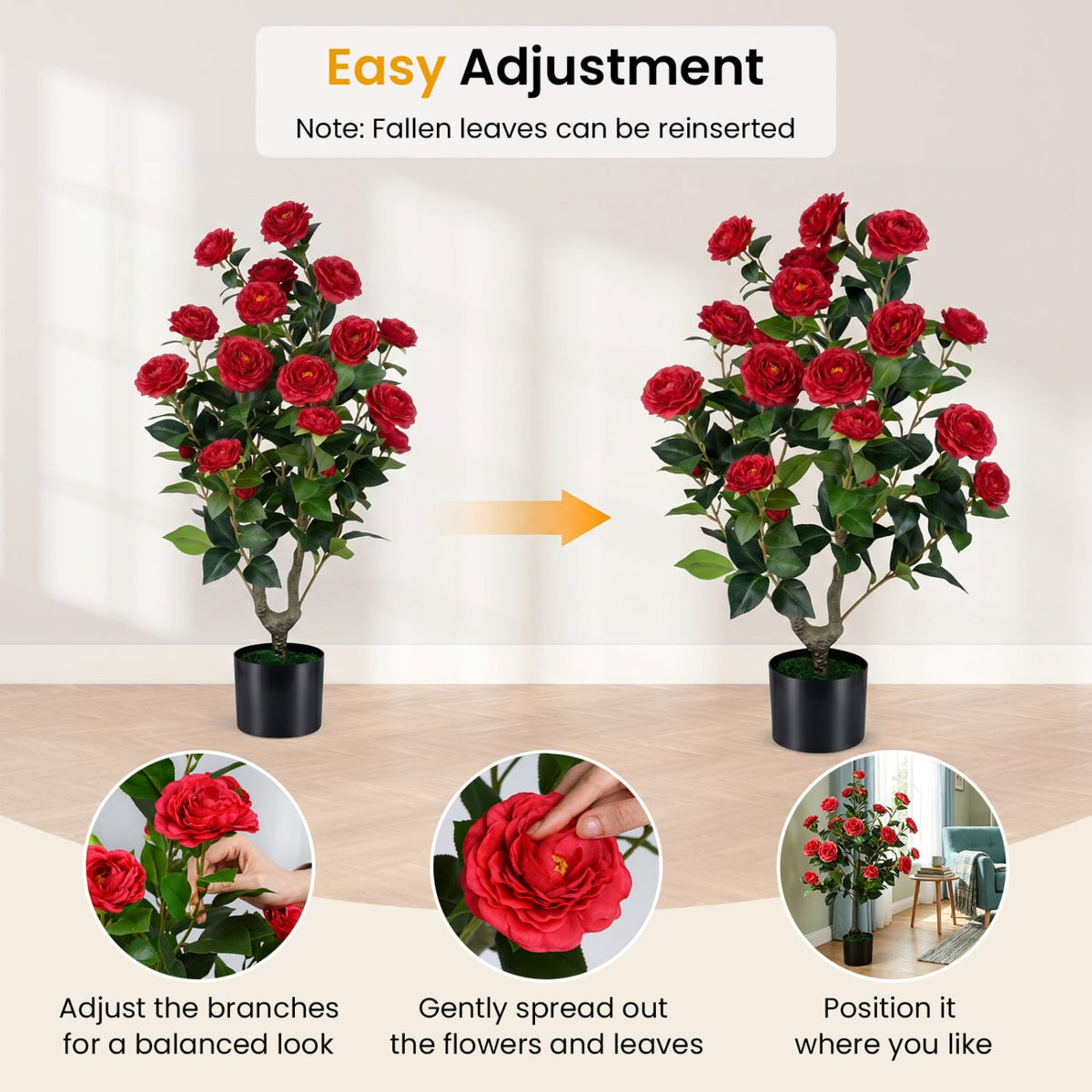 Artificial Camellia Tree Faux Flower Plant in Cement-Filled Pot=Red-Artificial Plants-DECOROLALA