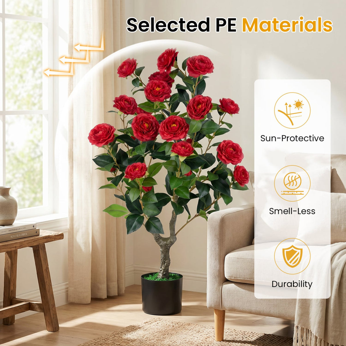 Artificial Camellia Tree Faux Flower Plant in Cement-Filled Pot=Red-Artificial Plants-DECOROLALA