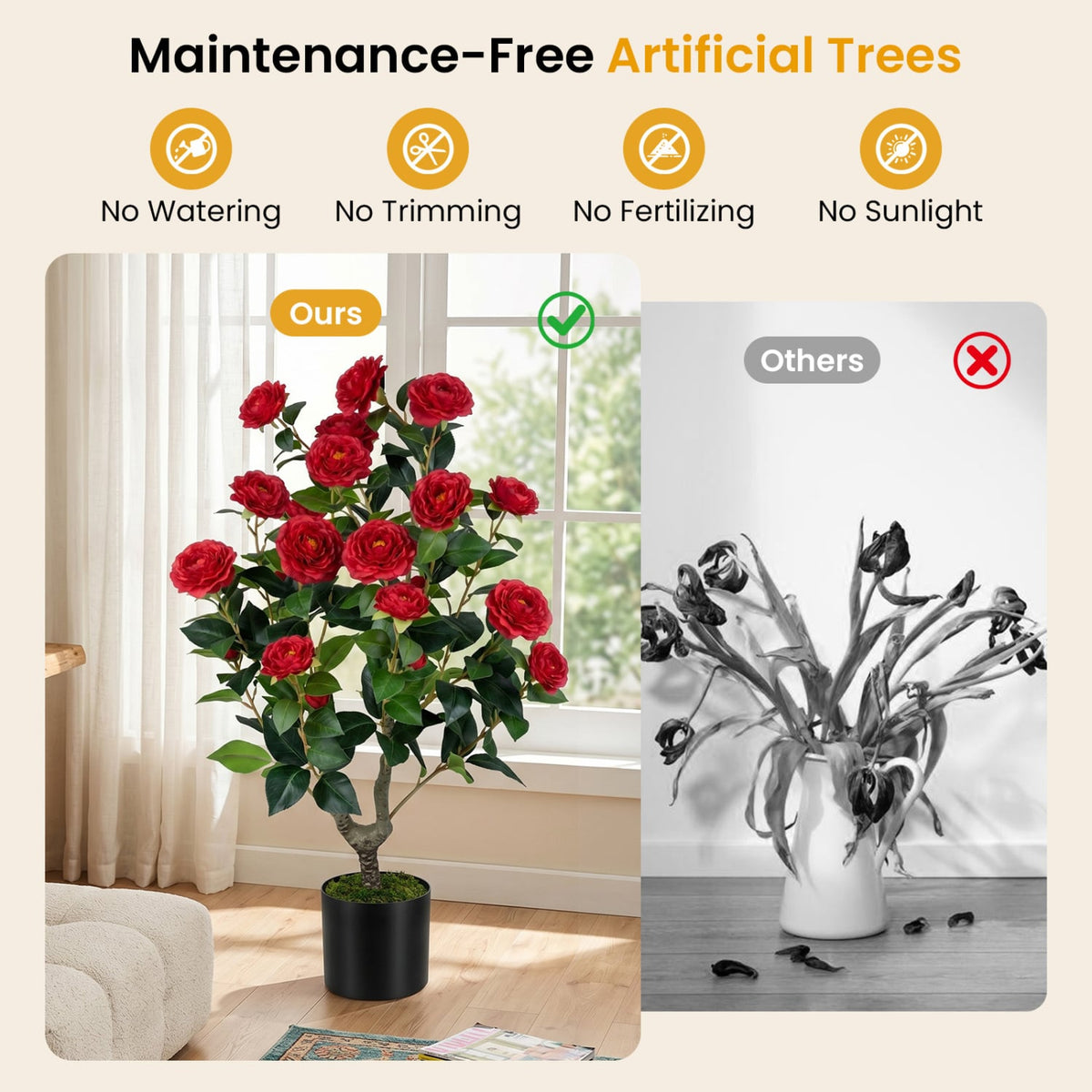 Artificial Camellia Tree Faux Flower Plant in Cement-Filled Pot=Red-Artificial Plants-DECOROLALA