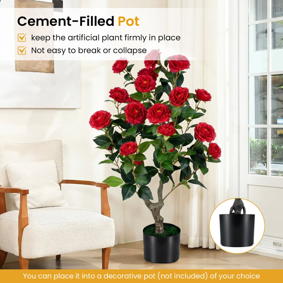 Artificial Camellia Tree Faux Flower Plant in Cement-Filled Pot=Red-Artificial Plants-DECOROLALA