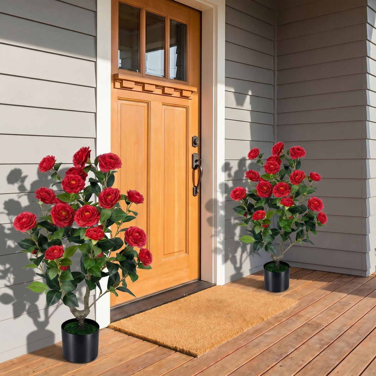 Artificial Camellia Tree Faux Flower Plant in Cement-Filled Pot=Red-Artificial Plants-DECOROLALA