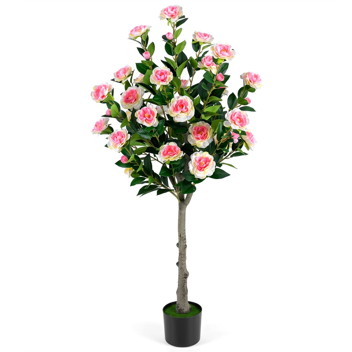 Artificial Camellia Tree with 27 Blossoms in Cement Pot for Home-Set of 1-Artificial Plants-DECOROLALA
