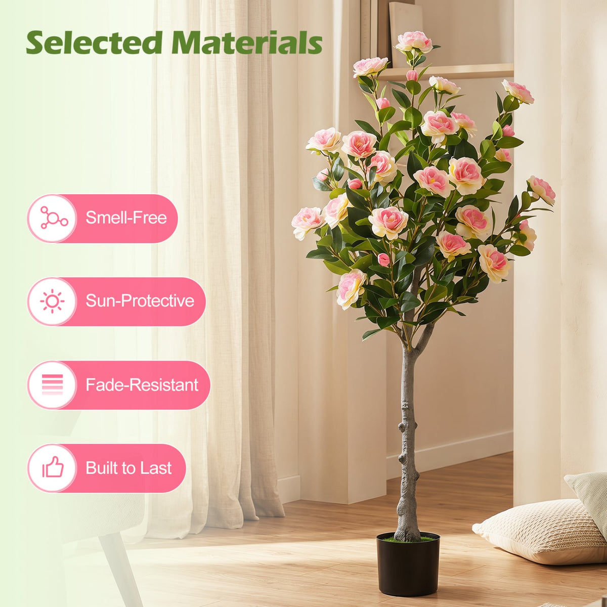 Artificial Camellia Tree with 27 Blossoms in Cement Pot for Home-Set of 1-Artificial Plants-DECOROLALA