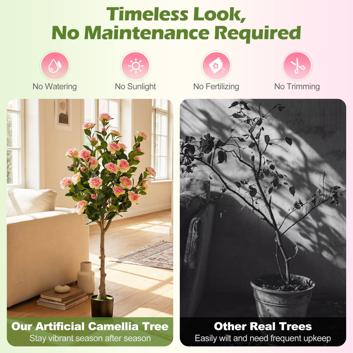 Artificial Camellia Tree with 27 Blossoms in Cement Pot for Home-Set of 1-Artificial Plants-DECOROLALA