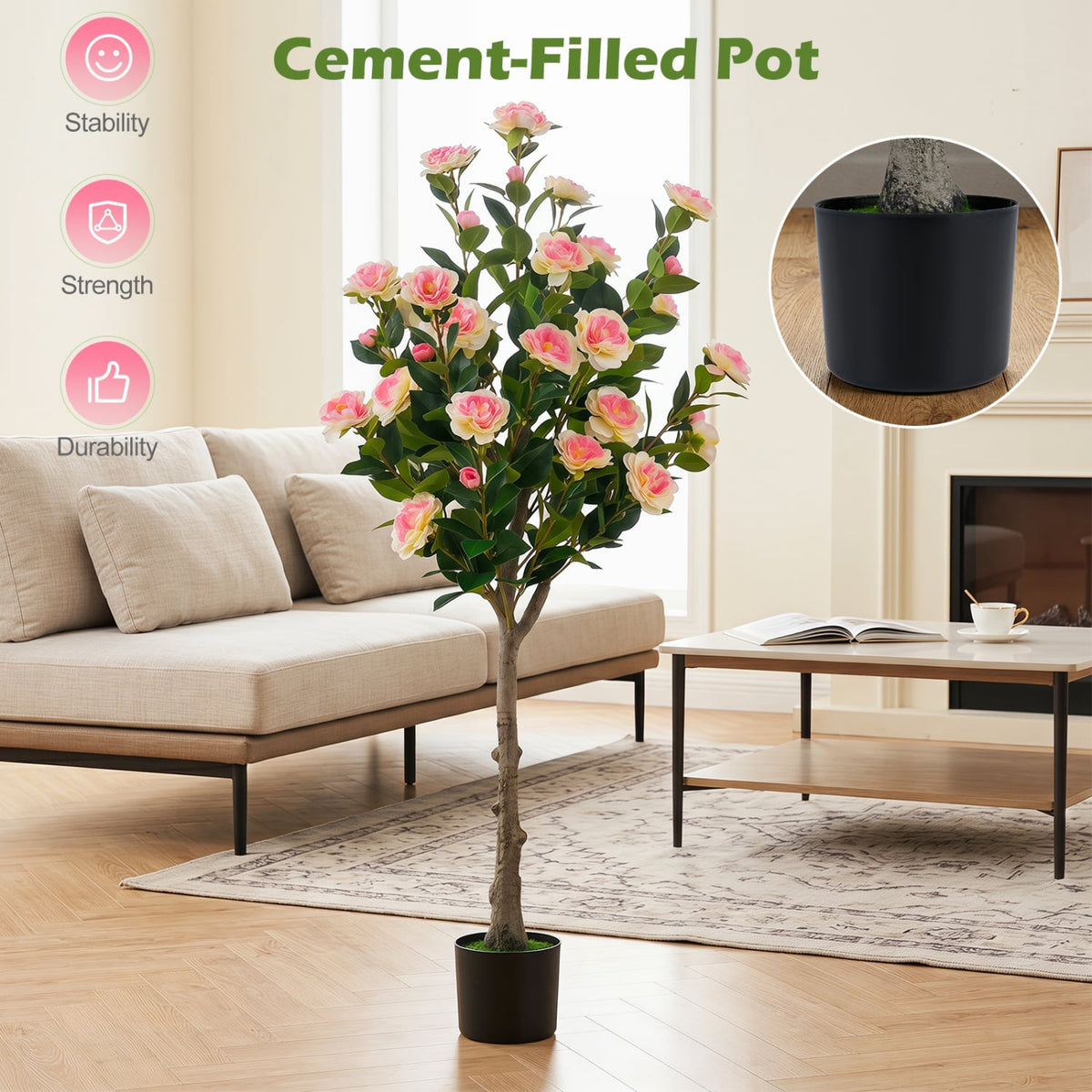 Artificial Camellia Tree with 27 Blossoms in Cement Pot for Home-Set of 1-Artificial Plants-DECOROLALA
