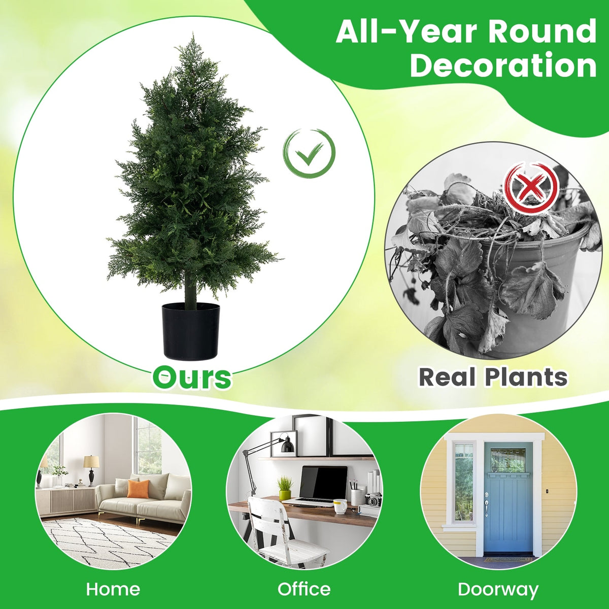 Artificial Cedar Topiary Tree with Plastic Nursery Pot for Porch and Office-Artificial Plants-DECOROLALA