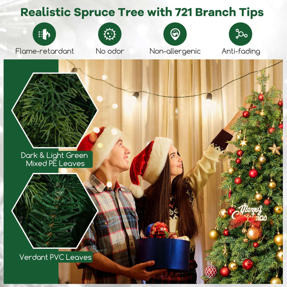 Artificial Christmas Tree Green Hinged Holiday Tree with 721/1019 Lush Branch Tips-6 ft-Christmas Trees-DECOROLALA