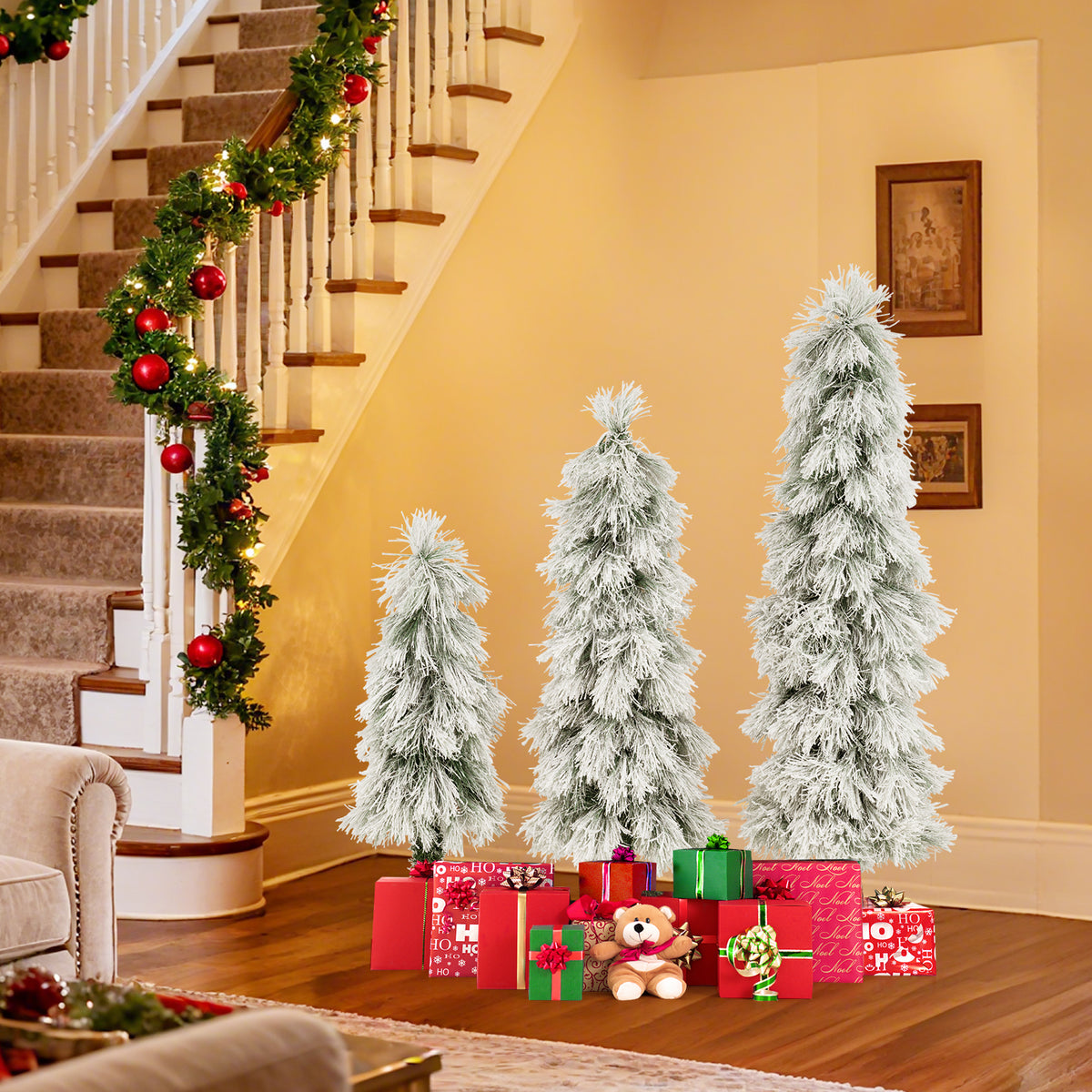 Artificial Christmas Tree Set of 3 with Snow-flocked Branch Tips and LED Lights-Christmas Trees-DECOROLALA