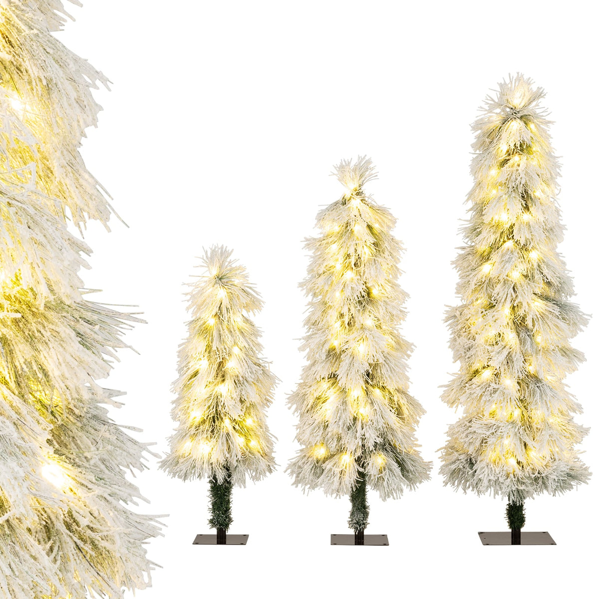 Artificial Christmas Tree Set of 3 with Snow-flocked Branch Tips and LED Lights-Christmas Trees-DECOROLALA