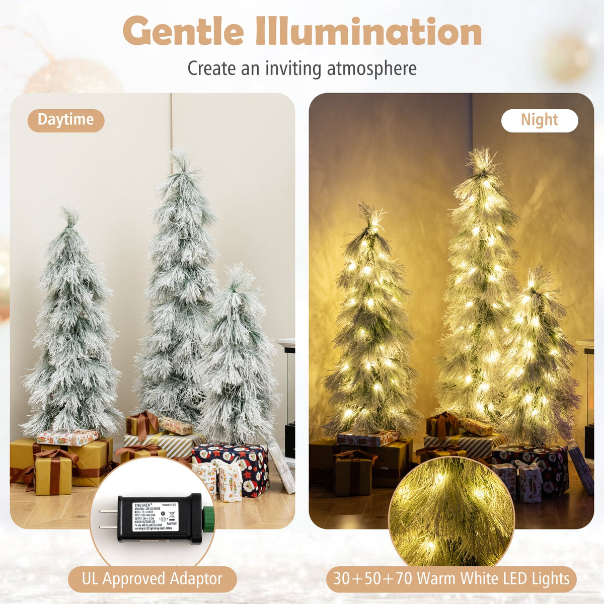 Artificial Christmas Tree Set of 3 with Snow-flocked Branch Tips and LED Lights-Christmas Trees-DECOROLALA