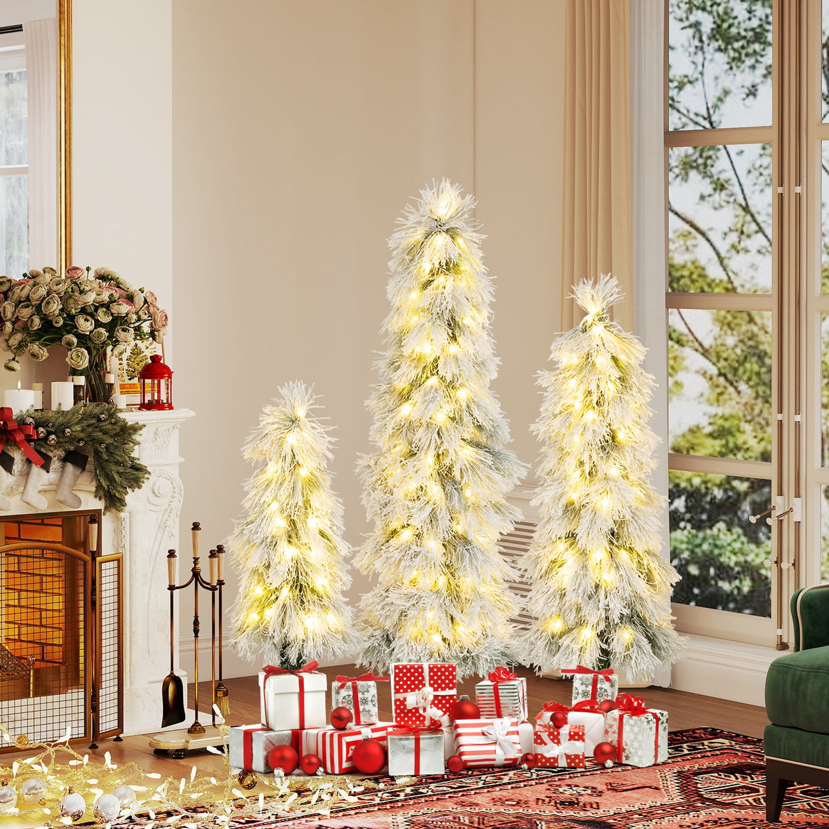 Artificial Christmas Tree Set of 3 with Snow-flocked Branch Tips and LED Lights-Christmas Trees-DECOROLALA