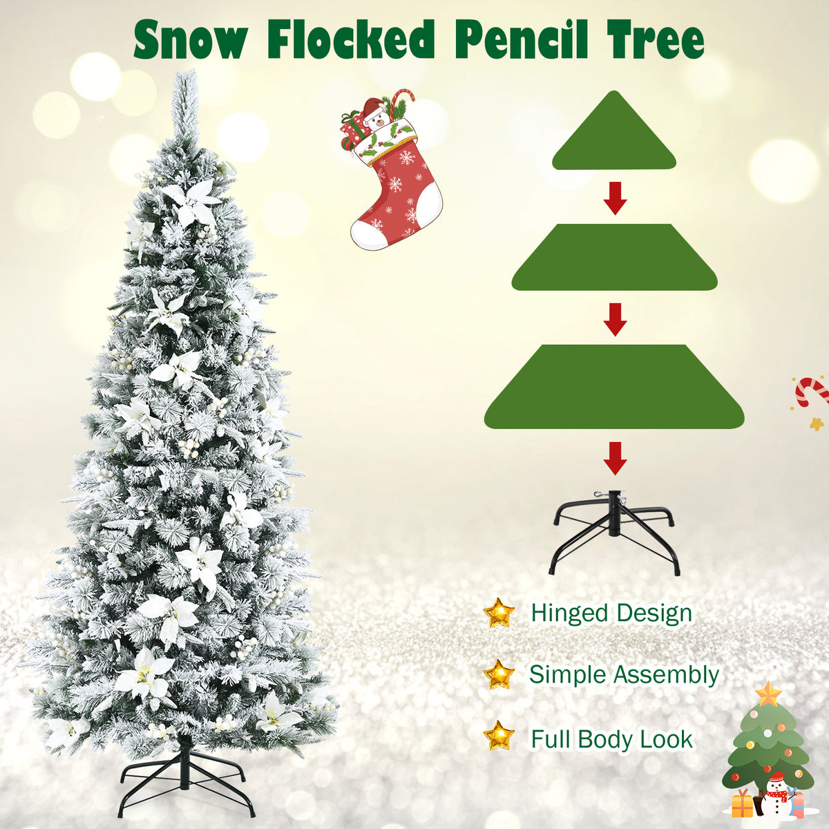 Artificial Christmas Tree Snow Flocked Pencil Tree-7 ft-Christmas Trees-DECOROLALA