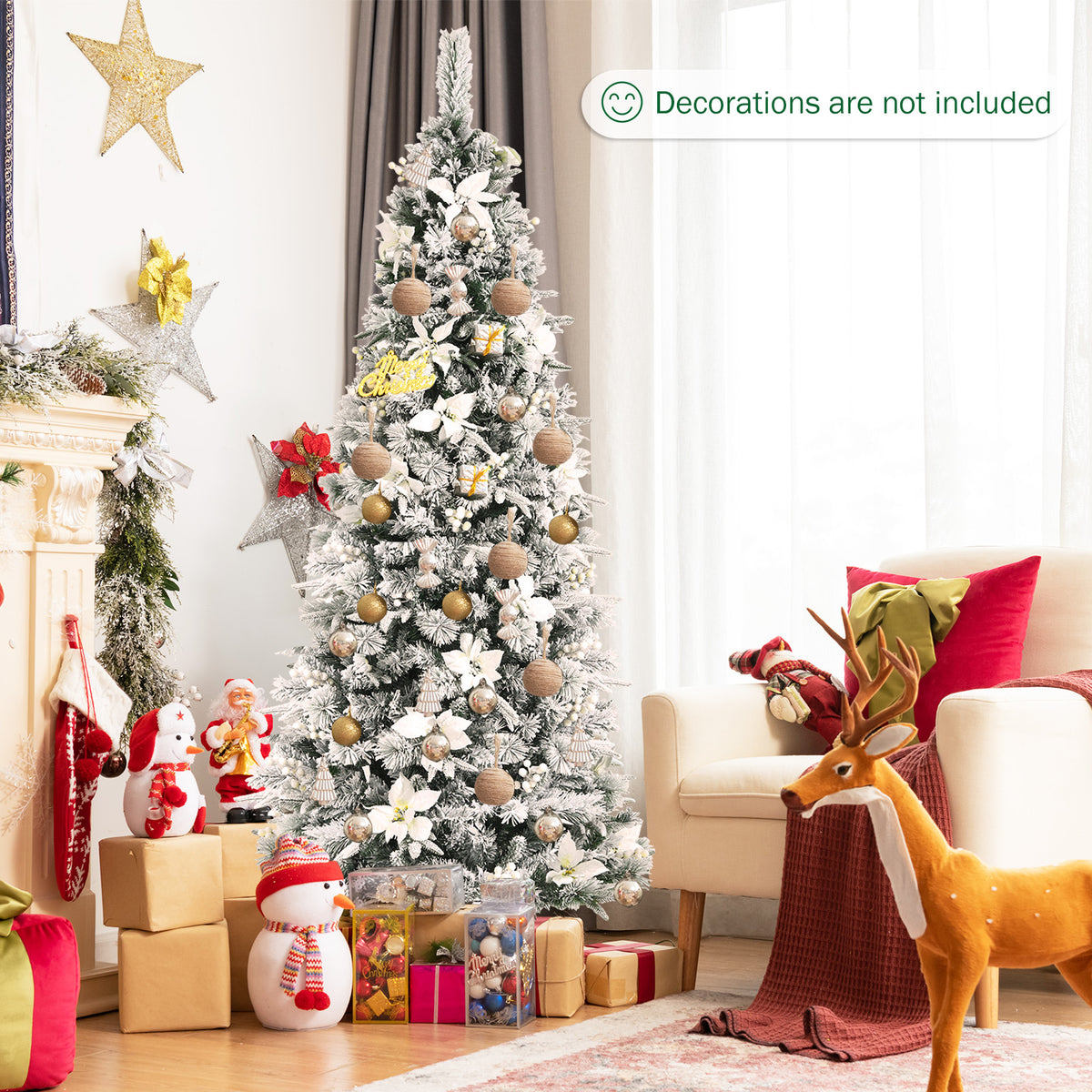 Artificial Christmas Tree Snow Flocked Pencil Tree-7 ft-Christmas Trees-DECOROLALA