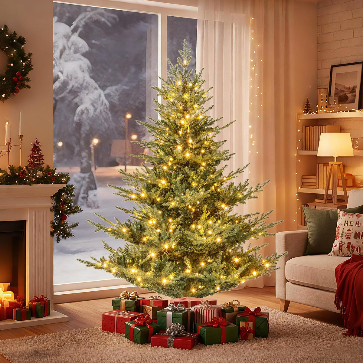 Artificial Christmas Tree with Branch Tips and Warm White LED Lights-6 Feet-Christmas Trees-DECOROLALA