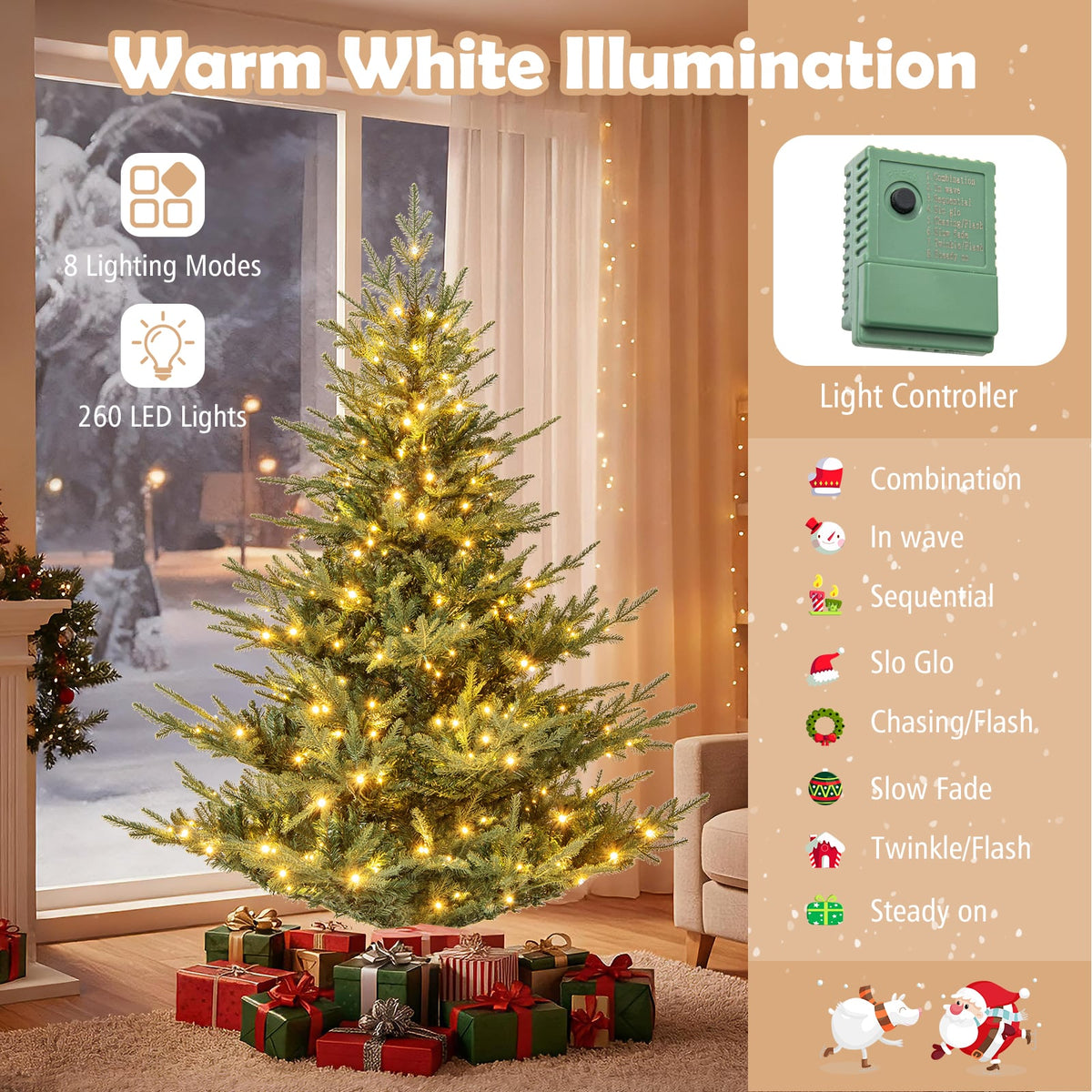 Artificial Christmas Tree with Branch Tips and Warm White LED Lights-6 Feet-Christmas Trees-DECOROLALA